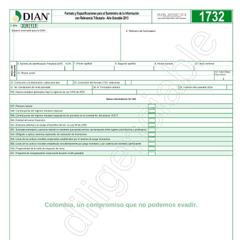 Vista previa del documento Formato y Especificaciones para el Suministro de la Información con Relevancia Tributaria- Año Gravable 2013 — Año 2014, Colombia (CERFA n°F1732-2014)