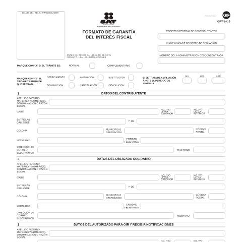 Vista previa del documento Formato de garantía del interés fiscal.Esta forma es de libre impresión. — Código Fiscal de la Federación (CFF), México (CERFA n°GIF)