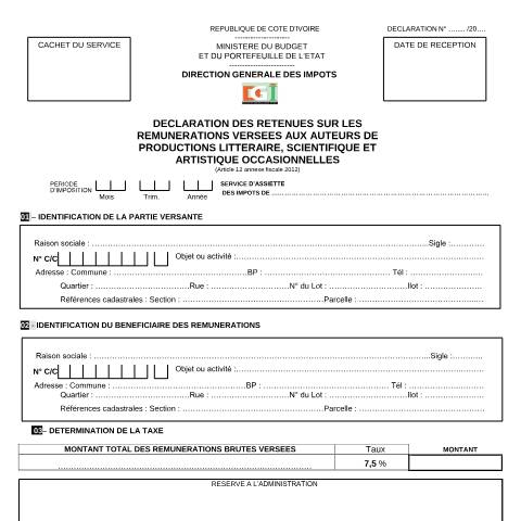 Aperçu du document 03 RETENUES SUR LES REMUNERATIONS VERSEES AUX AUTEURS DE PRODUCTIONS LITTERAIRE SCIENTIFIQUE ET ARTISTIQUE OCCASIONNELLES — Imprimé / Formulaire fiscal, Côte d'Ivoire