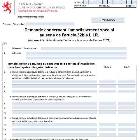 Aperçu du document Amortissement spécial au sens de l'article 32bis L.I.R — Annexes et bonifications d'impôt, Luxembourg (CERFA n°113 A)