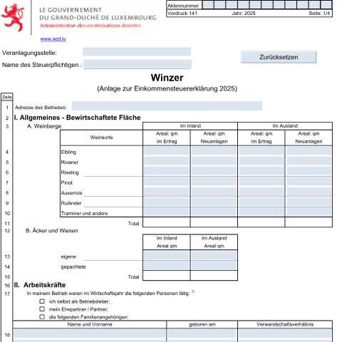 Aperçu du document Anlage: "Winzer" — Annexes et bonifications d'impôt, Luxembourg (CERFA n°141)