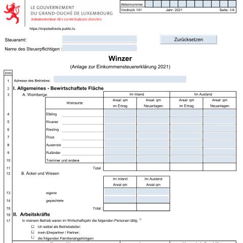Aperçu du document Anlage: "Winzer" — Annexes et bonifications d'impôt, Luxembourg (CERFA n°141)