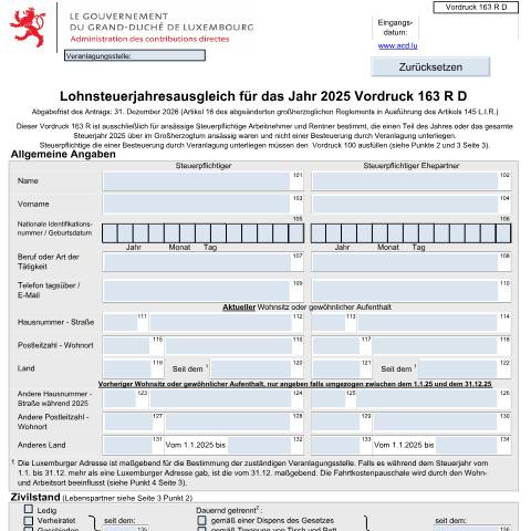Aperçu du document Lohnsteuerjahresausgleich ( ansässige steuerpflichtige Arbeitnehmer und Rentner) — Formulaires fiscaux, Luxembourg (CERFA n°163 R D)