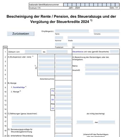 Aperçu du document Die Rentenkassen können den Vordruck 170 als Muster nutzen zur Austellung an den Rentner einer Bescheinigung der Rente / Pension, des Steuerabzugs und der Vergütung der Steuerkredite. Rentenkassen müssen die Rentenauszüge elektronisch der Steuerverwaltung übermitteln . Zusätzliche Informationen find — Formulaires fiscaux, Luxembourg (CERFA n°170 D)