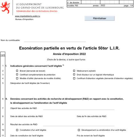 Aperçu du document Droits de propriété intellectuelle visés à l'article 50ter — Annexes et bonifications d'impôt, Luxembourg (CERFA n°760 F)