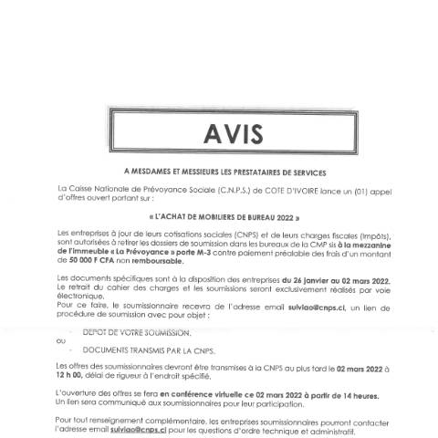 Aperçu du document ACHAT DE MOBILIERS DE BUREAU 2022 — Document CNPS (prévoyance sociale), Côte d'Ivoire