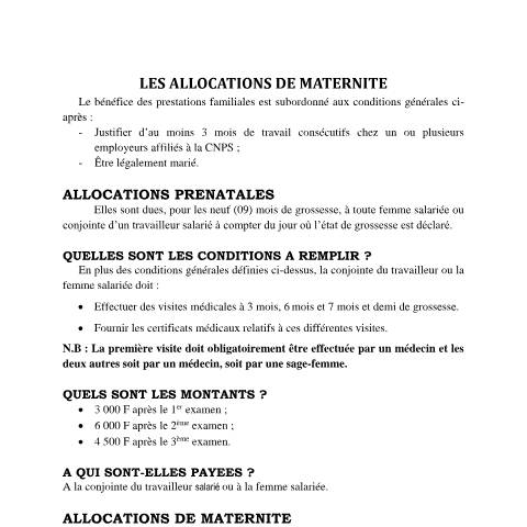 Aperçu du document LES ALLOCATIONS DE MATERNITRE — Document CNPS (prévoyance sociale), Côte d'Ivoire
