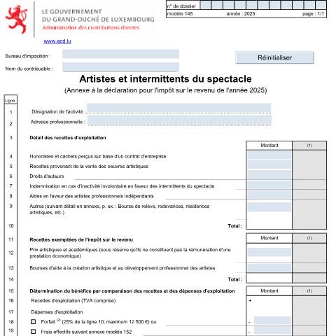 Aperçu du document Annexe: "Artistes et intermittents du spectacle" — Annexes, Luxembourg (CERFA n°145)