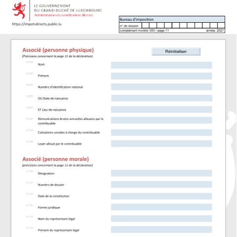 Aperçu du document Associé (personne physique et personne morale) Teilhaber (natürliche Person und juristische Person) Shareholder (physical person and moral person) — Déclarations téléchargeables au format PDF (pour les années 2021 à 2025), Luxembourg (CERFA n°ASS-F)