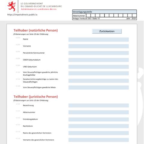 Aperçu du document Associé (personne physique et personne morale) Teilhaber (natürliche Person und juristische Person) Shareholder (physical person and moral person) — Déclarations téléchargeables au format PDF (pour les années 2021 à 2025), Luxembourg (CERFA n°ass-d)