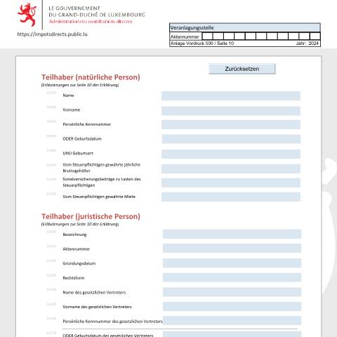 Aperçu du document Associé (personne physique et personne morale) Teilhaber (natürliche Person und juristische Person) Shareholder (physical person and moral person) — Déclarations téléchargeables au format PDF (pour les années 2021 à 2025), Luxembourg (CERFA n°ass-d)