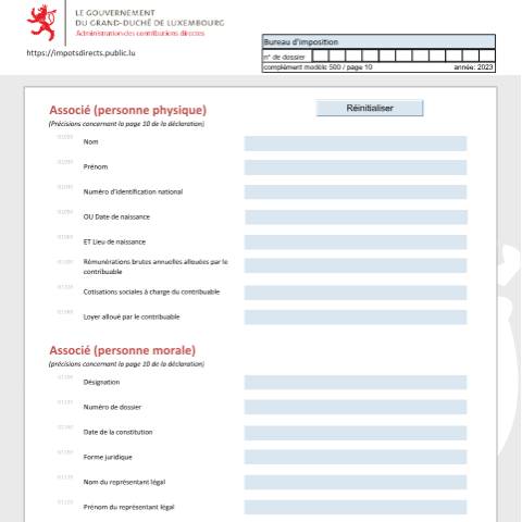 Aperçu du document Associé (personne physique et personne morale) Teilhaber (natürliche Person und juristische Person) Shareholder (physical person and moral person) — Déclarations téléchargeables au format PDF (pour les années 2021 à 2025), Luxembourg (CERFA n°ass-f)