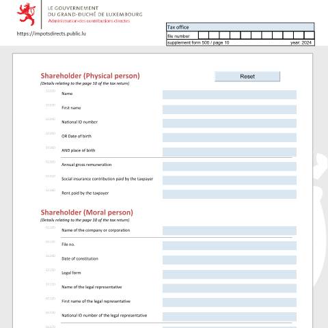 Aperçu du document Associé (personne physique et personne morale) Teilhaber (natürliche Person und juristische Person) Shareholder (physical person and moral person) — Déclarations téléchargeables au format PDF (pour les années 2021 à 2025), Luxembourg (CERFA n°ass-e)