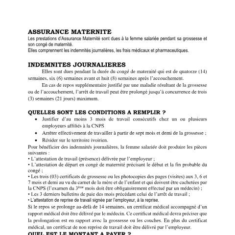 Aperçu du document ASSURANCE MATERNITE — Document CNPS (prévoyance sociale), Côte d'Ivoire