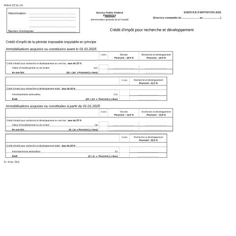 Aperçu du document Crédit d'impôt pour recherche et développement (PDF, 251.38 Ko) — SPF Finances, Belgique (CERFA n°121-275-w)