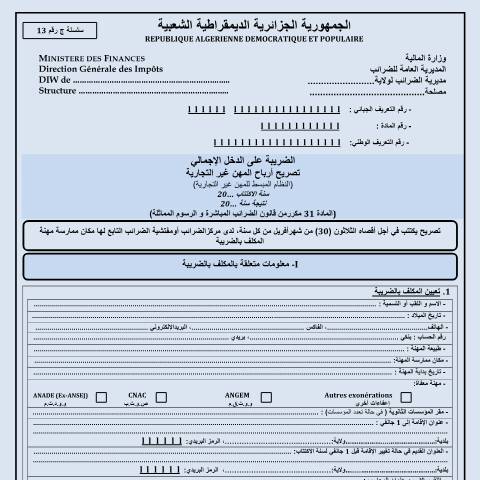 Aperçu du document ج رقم 13- GN°13 — نماذج التصريح (Formulaires de déclaration), Algérie (CERFA n°GN°13)
