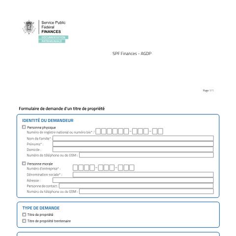 Aperçu du document formulaire de demande — Remplissez le formulaire de demande., Belgique (CERFA n°20251221-form-titre-propriete-fr-dyn)