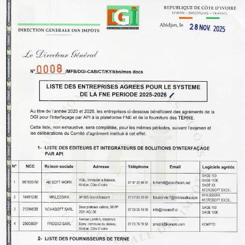 Aperçu du document entreprises agrees FNE — Document officiel, Côte d'Ivoire