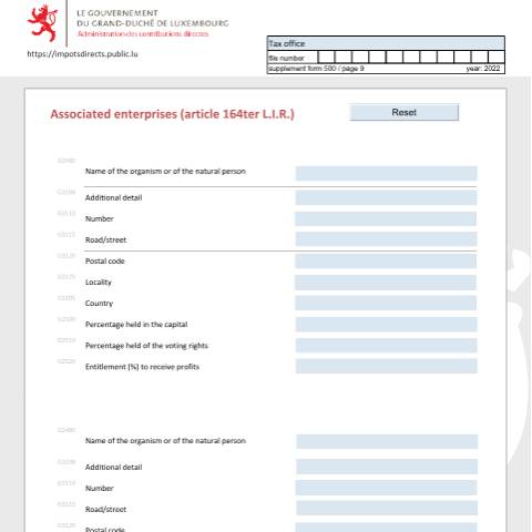 Aperçu du document Entreprises associées (article 164ter L.I.R.) Verbun dene Unternehmen (Artikel 164ter L.I.R.) Associated enterprises (article 164ter L.I.R.) — Déclarations téléchargeables au format PDF (pour les années 2021 à 2025), Luxembourg (CERFA n°ea-e)