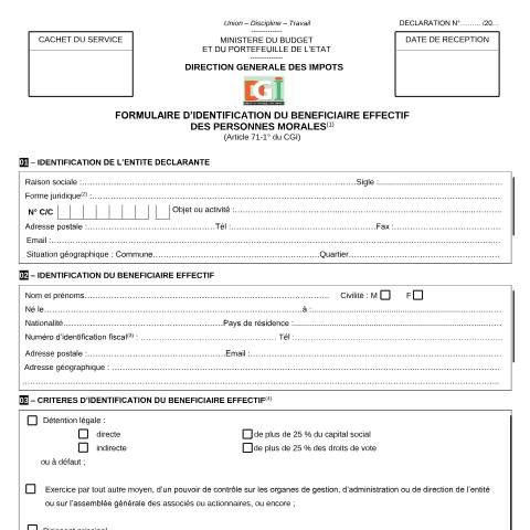 Aperçu du document FORMULAIRE DIDENTIFICATION DES BENEFICIAIRES EFFECTIFS — Imprimé / Formulaire fiscal, Côte d'Ivoire