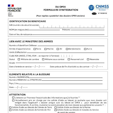 Aperçu du document DU OPEX Formulaire d'intégration (pour reprise a posteriori des dossiers OPEX anciens) — Particuliers, France (CERFA n°15058*02)
