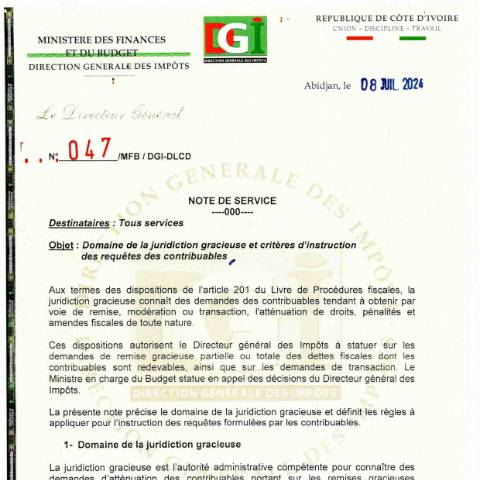 Aperçu du document note service 0047 0001 — Note de service, Côte d'Ivoire