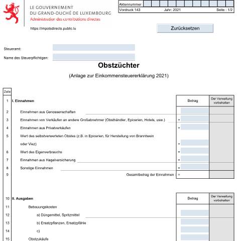 Aperçu du document Anlage: "Obstzüchter" — Annexes et bonifications d'impôt, Luxembourg (CERFA n°143)