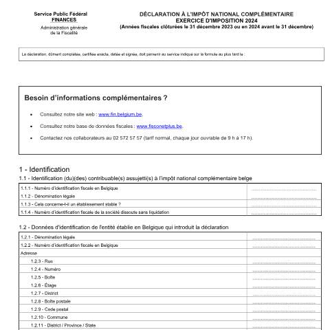 Aperçu du document P2-QDMTT exercice d'imposition 2024 (PDF, 250.25 Ko) — 06.01.2026 - Projets de déclaration de l’impôt national complémentaire et schéma XSD disponibles, Belgique (CERFA n°169-pillar-2-qdmtt-fr-ex-2024)