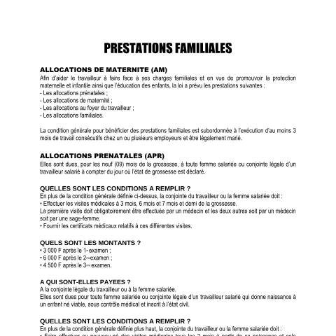 Aperçu du document PRESTATIONS FAMILIALES (PF) — Document CNPS (prévoyance sociale), Côte d'Ivoire