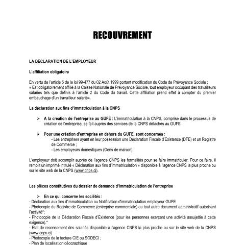Aperçu du document RECOUVREMENT (R) — Document CNPS (prévoyance sociale), Côte d'Ivoire
