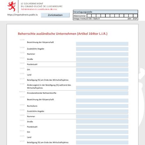 Aperçu du document Sociétés étrangères contrôlées (article 164ter L.I.R.) Beherrschte ausländische Unternehmen (Artikel 164ter L.I.R.) Controlled foreign companies (article 164ter L.I.R.) — Déclarations téléchargeables au format PDF (pour les années 2021 à 2025), Luxembourg (CERFA n°SEC_D)