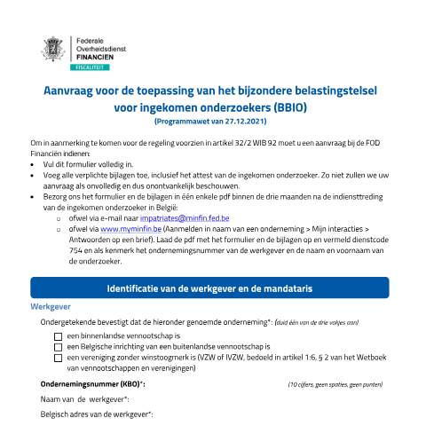 Aperçu du document aanvraagformulier voor het statuut van ingekomen onderzoekers (PDF, 770.72 KB) — Een aanvraag indienen voor de toepassing van het bijzonder belastingstelsel, Belgique (CERFA n°122-aanvraagformulier-statuut-ingekomen-onderzoeker-BBIO)