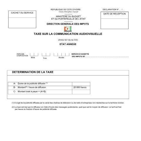 Aperçu du document IMPRIME TAXE SUR LA COMMUNICATION AUDIOVISUELLE — Imprimé / Formulaire fiscal, Côte d'Ivoire