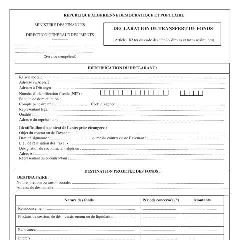 Aperçu du document Formulaire transfert de fonds — نماذج التصريح (Formulaires de déclaration), Algérie (CERFA n°Formulaire transfert de fonds)