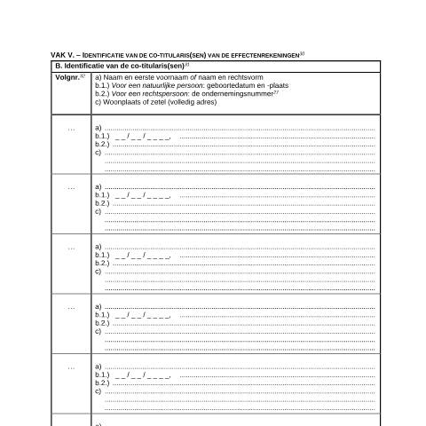 Aperçu du document Tussenblad Vak V - Identificatie van de co-titularis(sen) van de effectenrekeningen (PDF, 109.67 KB) — Documenten, Belgique (CERFA n°124-270-v)