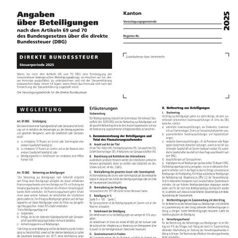 Dokumentvorschau: 19 - Angaben über Beteiligungen nach den Artikeln 69, 70 und 207a des Bundesgesetzes über die direkte Bundessteuer (DBG) PDF 150.32 kB 6. August 2025 — Direkte Bundessteuer, Schweiz (CERFA n°19)