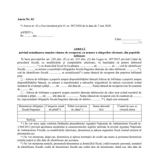 Document preview: Adresă privind actualizarea sumelor rămase de recuperat, ca urmare a stingerilor efectuate, din popririle înființate (OPANAF 63/2017) — Documente emise, România (CERFA n°A62_OPANAF_63_2017)
