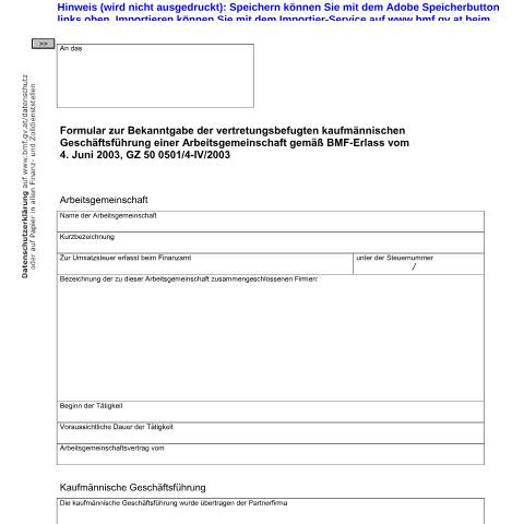 Dokumentvorschau: ARGE1 — Formular zur Bekanntgabe der vertretungsbefugten kaufmännischen Geschäftsführung einer Arbeitsgemeinschaft gemäß GZ 50 0501/4-IV/2003 — Steuern, Österreich (CERFA n°ARGE1)