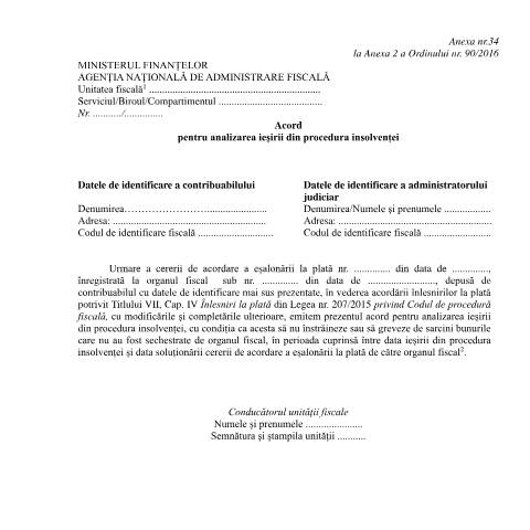 Document preview: Acord pentru analizarea ieșirii din procedura insolvenței (OPANAF 90/2016) — Documente emise, România (CERFA n°A34_OPANAF_90_2016)