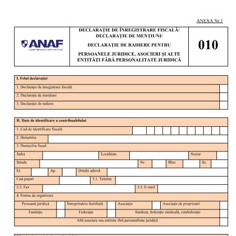 Document preview: Declarație de înregistrare fiscală/Declarație de mențiuni/Declarație de radiere pentru persoanele juridice, asocieri și alte entități fără personalitate juridică (OPANAF 1699/2021, cu modificările și completările ulterioare) — Declarații de înregistrare fiscală, România (CERFA n°D_010_OPANAF_15_2026)