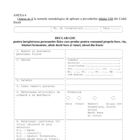 Document preview: Anexa 6 la normele metodologice de aplicare a prevederilor titlului VIII din Codul fiscal - Declarație pentru înregistrarea gospodăriei individuale care realizează băuturi alcoolice destinate consumului propriu - (HG 1/2016) — Alte documente, România (CERFA n°A6_NMT8CF)