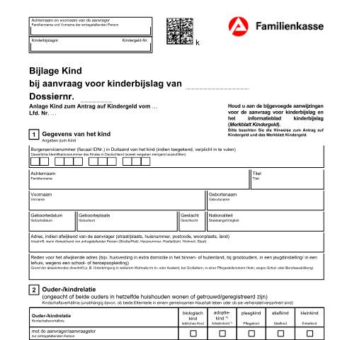 Dokumentvorschau: kg1-nl-anlagekind_ba033810 — Öffnet in neuem Tab Bijlage Kind bij aanvraag voor kinderbijslag (KG1-nlAK) Anlage Kind zum Hauptantrag Kindergeld (niederländisch) pdf | 1.46 MB | nicht barrierefrei — Familienkasse/kg1, Deutschland (CERFA n°kg1-nl-anlagekind_ba033810)