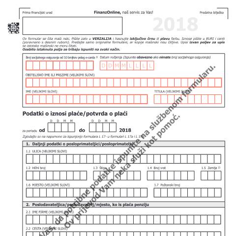 Dokumentvorschau: L17-HR — Podatki o iznosi plaće/potvrda o plaći 2018 — Steuern, Österreich (CERFA n°L17-HR)