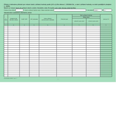 Document preview: Příloha k přiznání pro vrácení daně z přidané hodnoty podle § 83 a § 83a zákona č. 235/2004 Sb., o dani z přidané hodnoty, ve znění pozdějších předpisů, C. ODDÍL – Nárok na vrácení daně při pořízení zboží z JČS EU nebo dovozu zboží (§ 83a) — Daň z přidané hodnoty — Vyměřovací řízení, Česko (CERFA n°25 5573/B)