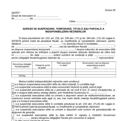 Document preview: Adresă de suspendare, temporară, totală sau parțială a indisponibilizării reținerilor (OPANAF 63/2017) — Documente emise, România (CERFA n°A49_OPANAF_63_2017)
