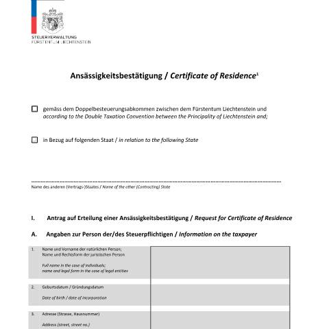 Dokumentvorschau: Formular zur Ansässigkeitsbestätigung — Steuerabkommen Dba, Liechtenstein (CERFA n°ansaessigkeitsbestaetigung)