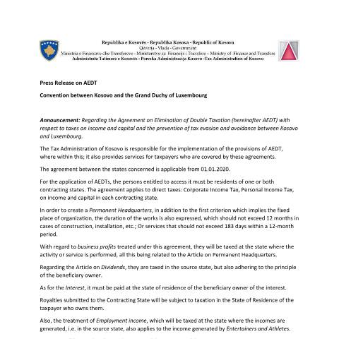 Document preview: METD Summary — Double Taxation Agreements, Kosovë