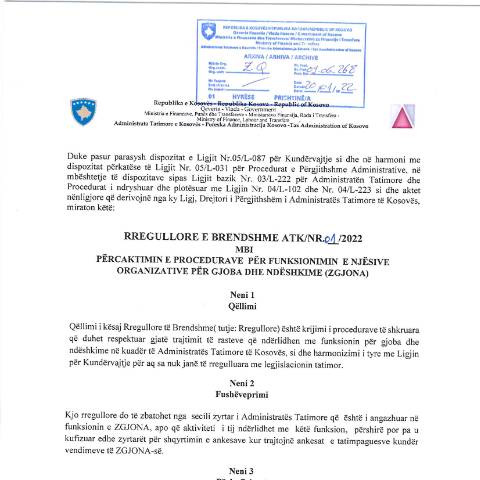 Document preview: RREGULLORE E BRENDSHME ATK NR. 01/2022 — Rregulloret, Kosovë