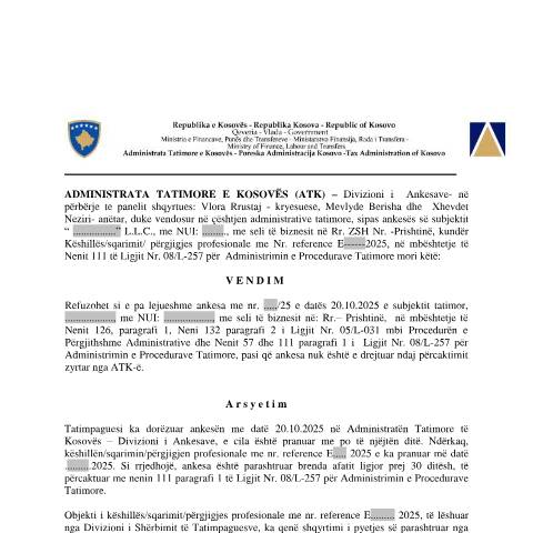 Document preview: Vendim — Vendimet, Kosovë