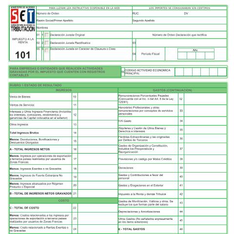 Vista previa del documento Formulario Nº 101 — Declaraciones Juradas, Paraguay (CERFA n°F101)